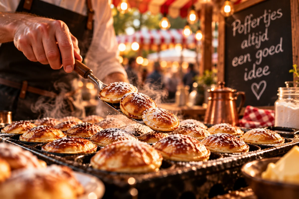 Warme verse poffertjes op een traditionele poffertjesplaat